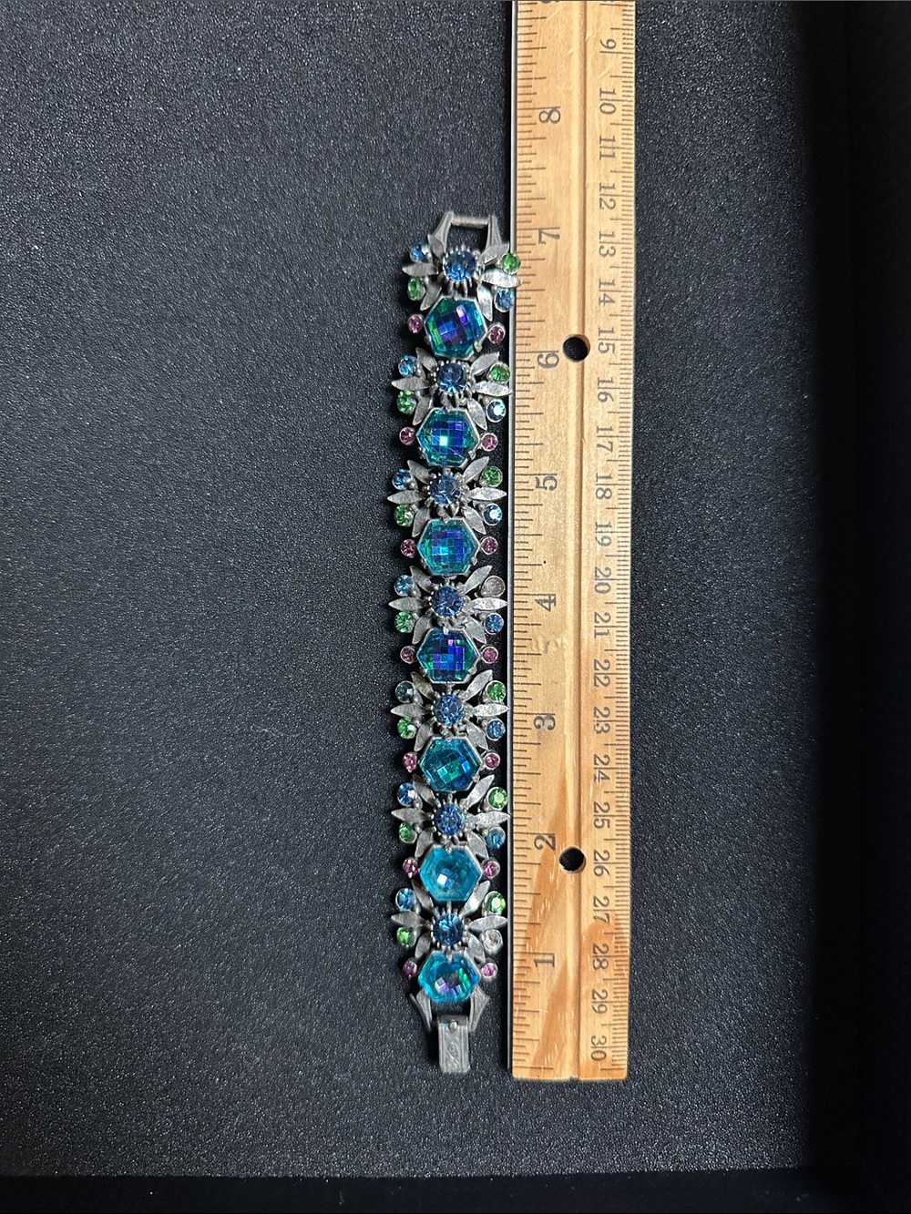Vintage Signed FLORENZA Blue Aurora Borealis Rhinestone Link Bracelet (As-Is) - Picture 12 of 16